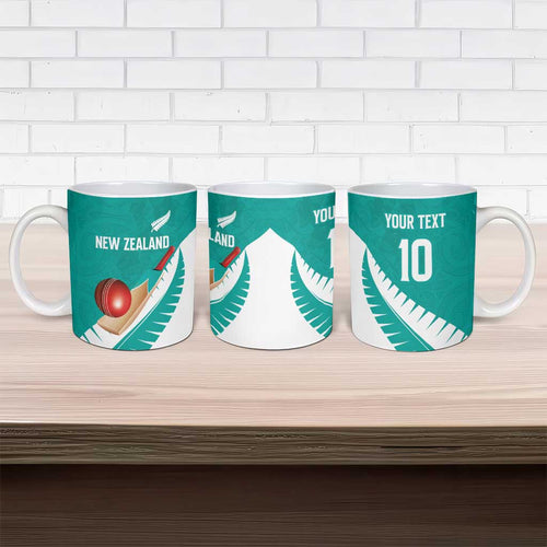 Custom New Zealand Cricket Ceramic Mug Kiwi Birds Haka Dance Turquoise Fern Sporty Style
