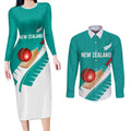 Custom New Zealand Cricket Couples Matching Long Sleeve Bodycon Dress and Long Sleeve Button Shirt Kiwi Birds Haka Dance Turquoise Fern Sporty Style