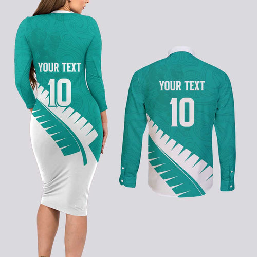 Custom New Zealand Cricket Couples Matching Long Sleeve Bodycon Dress and Long Sleeve Button Shirt Kiwi Birds Haka Dance Turquoise Fern Sporty Style