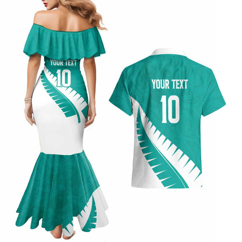 Custom New Zealand Cricket Couples Matching Mermaid Dress and Hawaiian Shirt Kiwi Birds Haka Dance Turquoise Fern Sporty Style