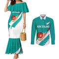 Custom New Zealand Cricket Couples Matching Mermaid Dress and Long Sleeve Button Shirt Kiwi Birds Haka Dance Turquoise Fern Sporty Style