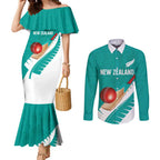 Custom New Zealand Cricket Couples Matching Mermaid Dress and Long Sleeve Button Shirt Kiwi Birds Haka Dance Turquoise Fern Sporty Style
