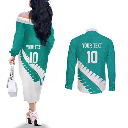 Custom New Zealand Cricket Couples Matching Off The Shoulder Long Sleeve Dress and Long Sleeve Button Shirt Kiwi Birds Haka Dance Turquoise Fern Sporty Style