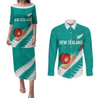 Custom New Zealand Cricket Couples Matching Puletasi and Long Sleeve Button Shirt Kiwi Birds Haka Dance Turquoise Fern Sporty Style