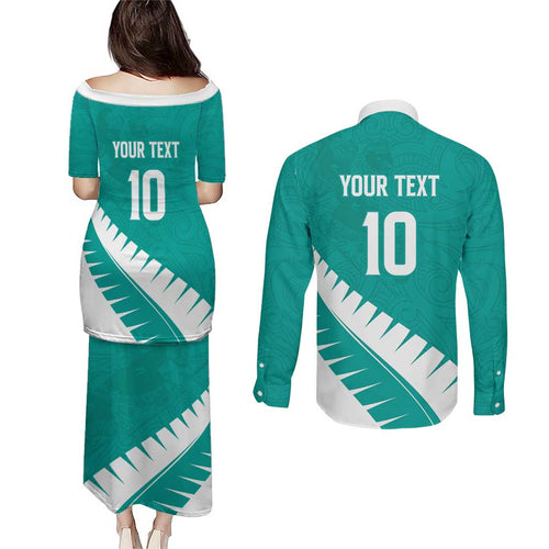 Custom New Zealand Cricket Couples Matching Puletasi and Long Sleeve Button Shirt Kiwi Birds Haka Dance Turquoise Fern Sporty Style