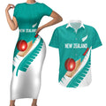 Custom New Zealand Cricket Couples Matching Short Sleeve Bodycon Dress and Hawaiian Shirt Kiwi Birds Haka Dance Turquoise Fern Sporty Style