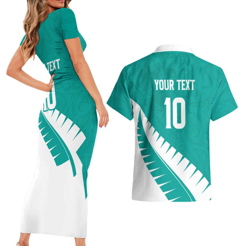 Custom New Zealand Cricket Couples Matching Short Sleeve Bodycon Dress and Hawaiian Shirt Kiwi Birds Haka Dance Turquoise Fern Sporty Style