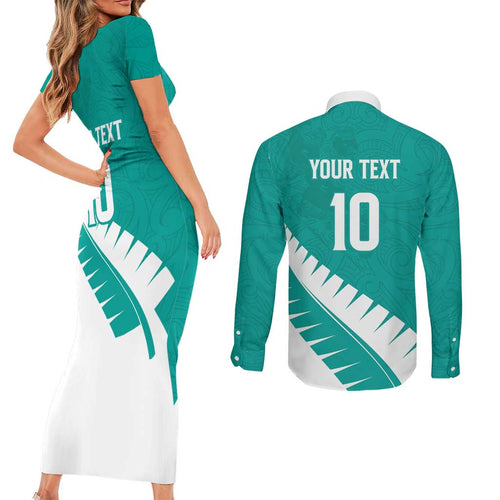 Custom New Zealand Cricket Couples Matching Short Sleeve Bodycon Dress and Long Sleeve Button Shirt Kiwi Birds Haka Dance Turquoise Fern Sporty Style