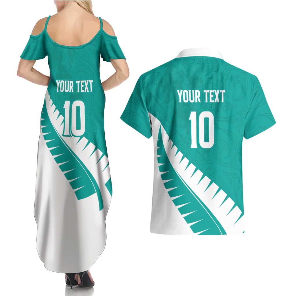 Custom New Zealand Cricket Couples Matching Summer Maxi Dress and Hawaiian Shirt Kiwi Birds Haka Dance Turquoise Fern Sporty Style