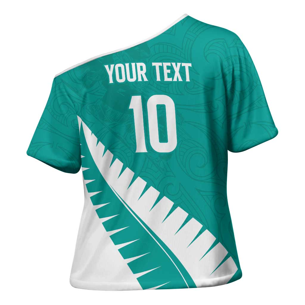 Custom New Zealand Cricket Cross Shoulder Shirt Kiwi Birds Haka Dance Turquoise Fern Sporty Style