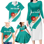 Custom New Zealand Cricket Family Matching Long Sleeve Bodycon Dress and Hawaiian Shirt Kiwi Birds Haka Dance Turquoise Fern Sporty Style