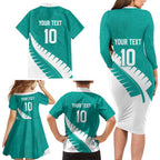 Custom New Zealand Cricket Family Matching Long Sleeve Bodycon Dress and Hawaiian Shirt Kiwi Birds Haka Dance Turquoise Fern Sporty Style