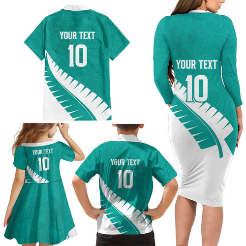 Custom New Zealand Cricket Family Matching Long Sleeve Bodycon Dress and Hawaiian Shirt Kiwi Birds Haka Dance Turquoise Fern Sporty Style