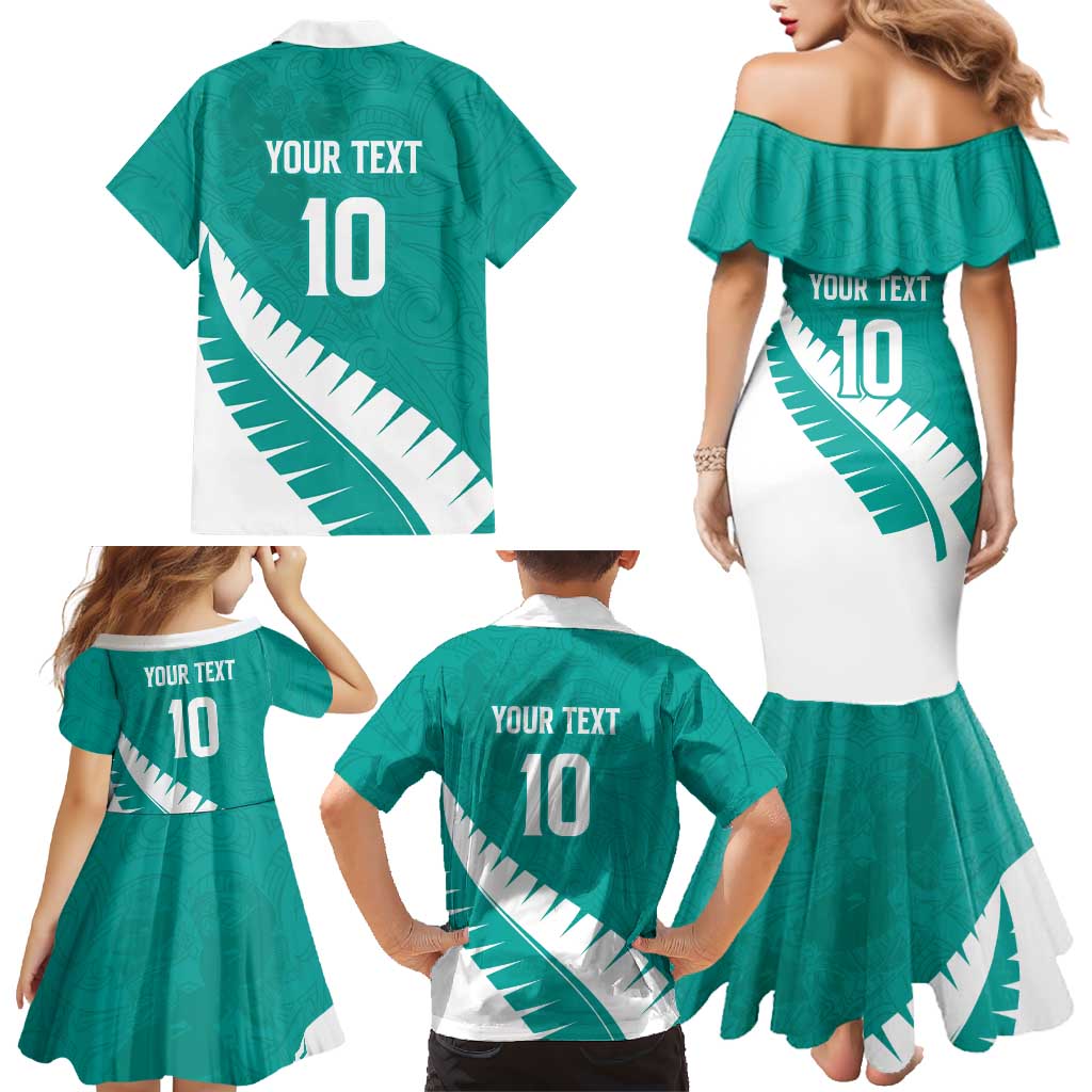 Custom New Zealand Cricket Family Matching Mermaid Dress and Hawaiian Shirt Kiwi Birds Haka Dance Turquoise Fern Sporty Style