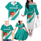 Custom New Zealand Cricket Family Matching Off The Shoulder Long Sleeve Dress and Hawaiian Shirt Kiwi Birds Haka Dance Turquoise Fern Sporty Style