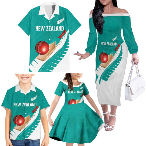 Custom New Zealand Cricket Family Matching Off The Shoulder Long Sleeve Dress and Hawaiian Shirt Kiwi Birds Haka Dance Turquoise Fern Sporty Style