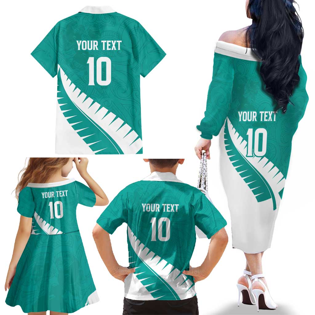 Custom New Zealand Cricket Family Matching Off The Shoulder Long Sleeve Dress and Hawaiian Shirt Kiwi Birds Haka Dance Turquoise Fern Sporty Style