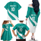Custom New Zealand Cricket Family Matching Off The Shoulder Long Sleeve Dress and Hawaiian Shirt Kiwi Birds Haka Dance Turquoise Fern Sporty Style