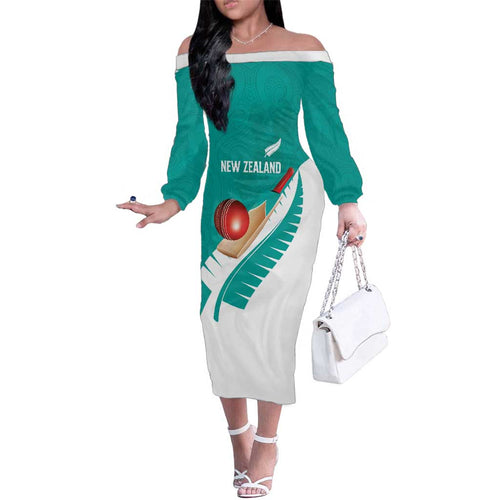 Custom New Zealand Cricket Family Matching Off The Shoulder Long Sleeve Dress and Hawaiian Shirt Kiwi Birds Haka Dance Turquoise Fern Sporty Style