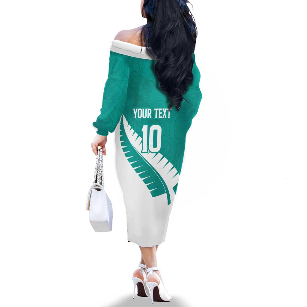 Custom New Zealand Cricket Family Matching Off The Shoulder Long Sleeve Dress and Hawaiian Shirt Kiwi Birds Haka Dance Turquoise Fern Sporty Style