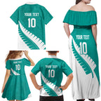 Custom New Zealand Cricket Family Matching Off Shoulder Maxi Dress and Hawaiian Shirt Kiwi Birds Haka Dance Turquoise Fern Sporty Style