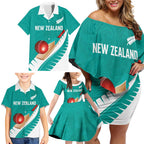 Custom New Zealand Cricket Family Matching Off Shoulder Short Dress and Hawaiian Shirt Kiwi Birds Haka Dance Turquoise Fern Sporty Style