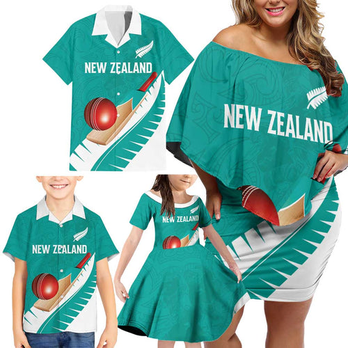 Custom New Zealand Cricket Family Matching Off Shoulder Short Dress and Hawaiian Shirt Kiwi Birds Haka Dance Turquoise Fern Sporty Style