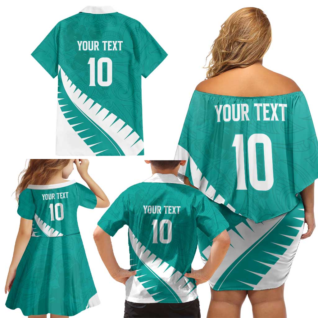 Custom New Zealand Cricket Family Matching Off Shoulder Short Dress and Hawaiian Shirt Kiwi Birds Haka Dance Turquoise Fern Sporty Style