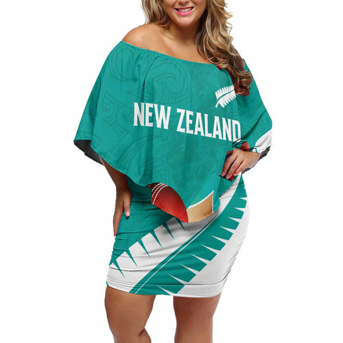 Custom New Zealand Cricket Family Matching Off Shoulder Short Dress and Hawaiian Shirt Kiwi Birds Haka Dance Turquoise Fern Sporty Style