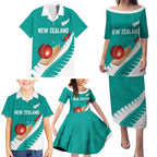 Custom New Zealand Cricket Family Matching Puletasi and Hawaiian Shirt Kiwi Birds Haka Dance Turquoise Fern Sporty Style