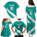 Custom New Zealand Cricket Family Matching Puletasi and Hawaiian Shirt Kiwi Birds Haka Dance Turquoise Fern Sporty Style