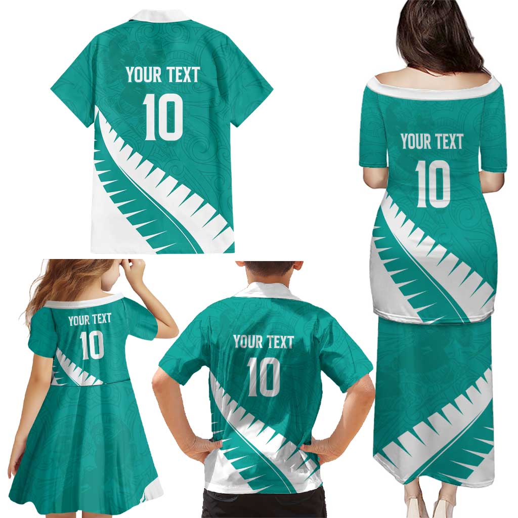Custom New Zealand Cricket Family Matching Puletasi and Hawaiian Shirt Kiwi Birds Haka Dance Turquoise Fern Sporty Style