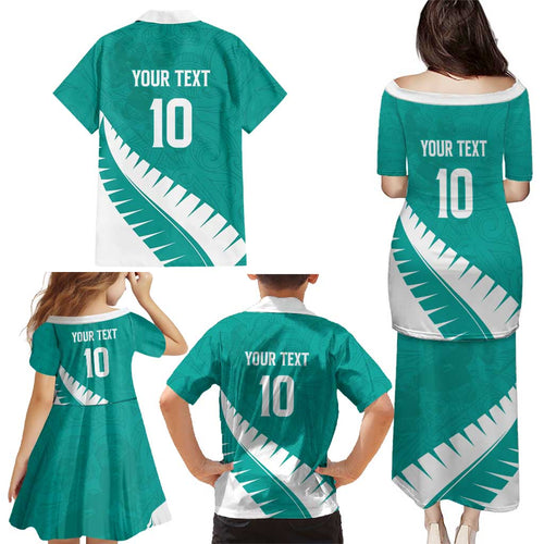 Custom New Zealand Cricket Family Matching Puletasi and Hawaiian Shirt Kiwi Birds Haka Dance Turquoise Fern Sporty Style