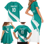Custom New Zealand Cricket Family Matching Short Sleeve Bodycon Dress and Hawaiian Shirt Kiwi Birds Haka Dance Turquoise Fern Sporty Style