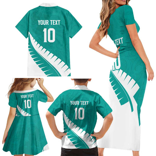 Custom New Zealand Cricket Family Matching Short Sleeve Bodycon Dress and Hawaiian Shirt Kiwi Birds Haka Dance Turquoise Fern Sporty Style