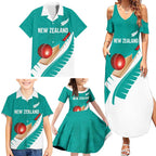 Custom New Zealand Cricket Family Matching Summer Maxi Dress and Hawaiian Shirt Kiwi Birds Haka Dance Turquoise Fern Sporty Style