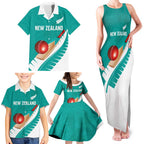 Custom New Zealand Cricket Family Matching Tank Maxi Dress and Hawaiian Shirt Kiwi Birds Haka Dance Turquoise Fern Sporty Style