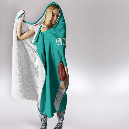 New Zealand Cricket Hooded Blanket Kiwi Birds Haka Dance Turquoise Fern Sporty Style