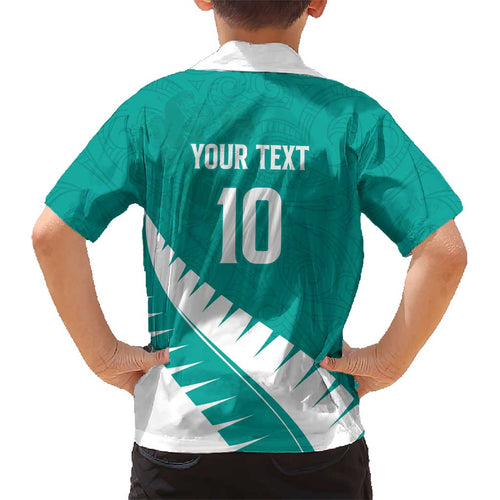 Custom New Zealand Cricket Kid Hawaiian Shirt Kiwi Birds Haka Dance Turquoise Fern Sporty Style