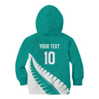 Custom New Zealand Cricket Kid Hoodie Kiwi Birds Haka Dance Turquoise Fern Sporty Style