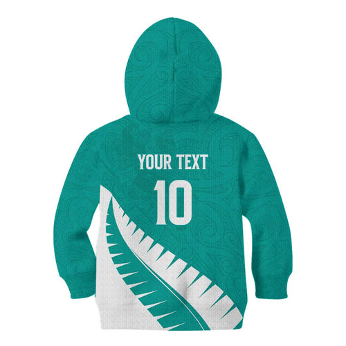 Custom New Zealand Cricket Kid Hoodie Kiwi Birds Haka Dance Turquoise Fern Sporty Style