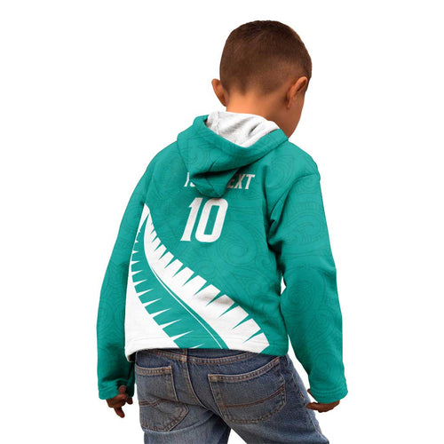 Custom New Zealand Cricket Kid Hoodie Kiwi Birds Haka Dance Turquoise Fern Sporty Style