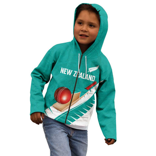 Custom New Zealand Cricket Kid Hoodie Kiwi Birds Haka Dance Turquoise Fern Sporty Style