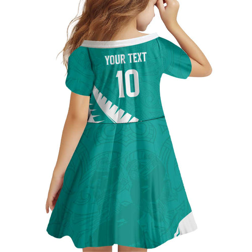 Custom New Zealand Cricket Kid Short Sleeve Dress Kiwi Birds Haka Dance Turquoise Fern Sporty Style