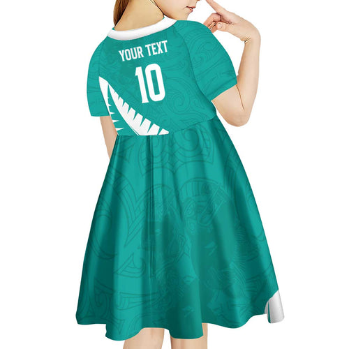 Custom New Zealand Cricket Kid Short Sleeve Dress Kiwi Birds Haka Dance Turquoise Fern Sporty Style