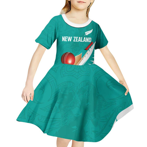Custom New Zealand Cricket Kid Short Sleeve Dress Kiwi Birds Haka Dance Turquoise Fern Sporty Style