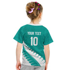 Custom New Zealand Cricket Kid T Shirt Kiwi Birds Haka Dance Turquoise Fern Sporty Style