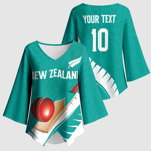 Custom New Zealand Cricket Kimono Sleeve Blouse Kiwi Birds Haka Dance Turquoise Fern Sporty Style