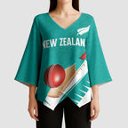 Custom New Zealand Cricket Kimono Sleeve Blouse Kiwi Birds Haka Dance Turquoise Fern Sporty Style