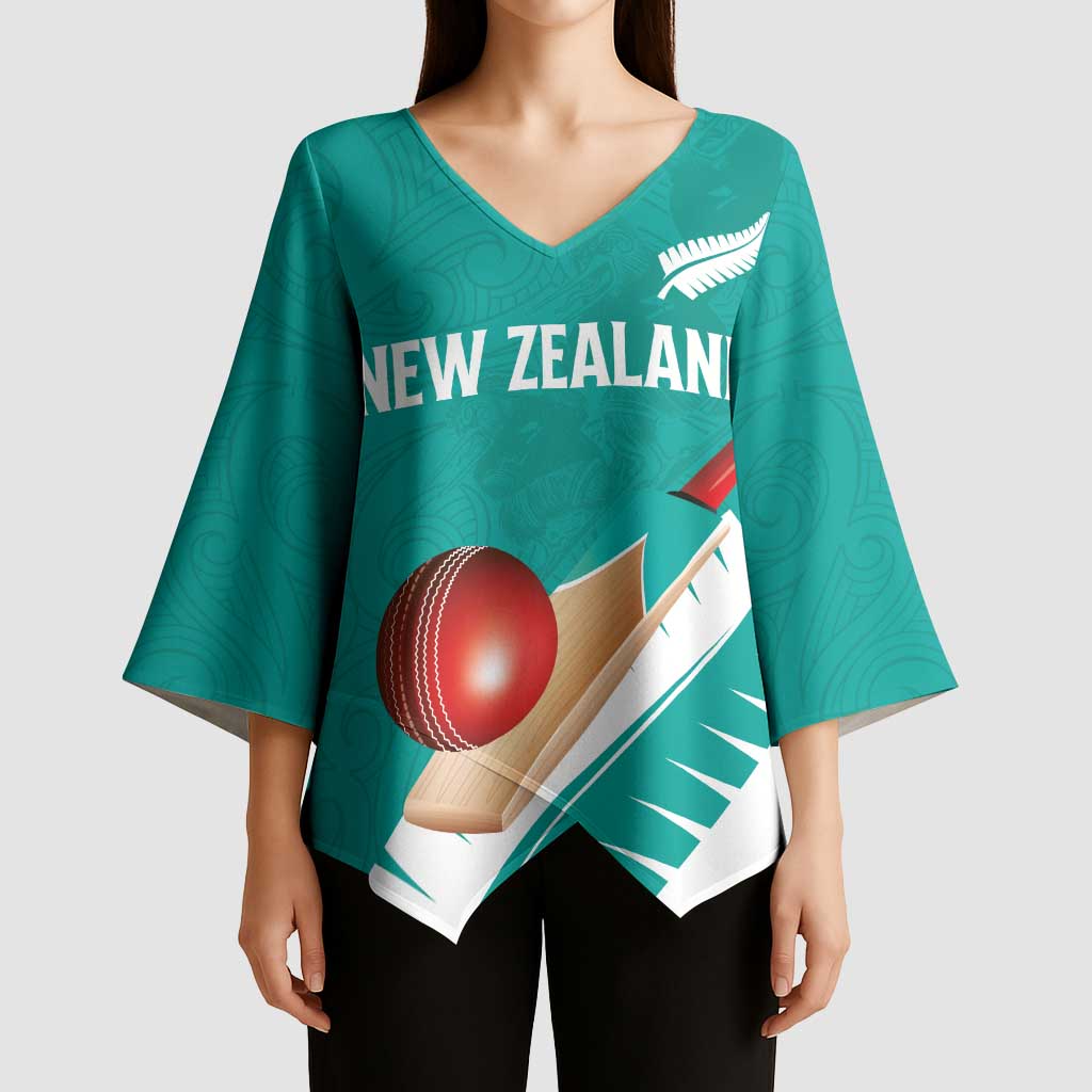 Custom New Zealand Cricket Kimono Sleeve Blouse Kiwi Birds Haka Dance Turquoise Fern Sporty Style